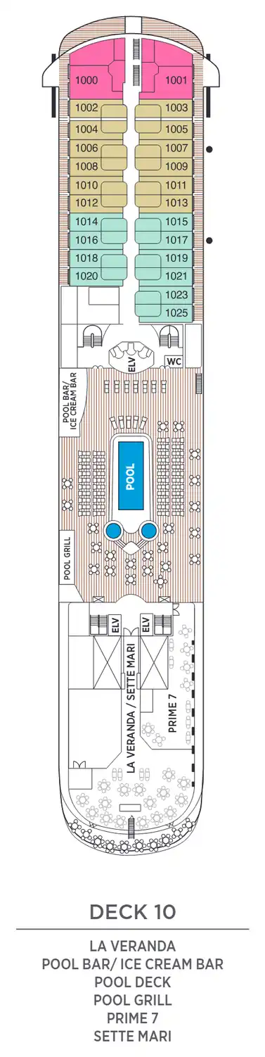 Deck 10 plan of Seven Seas Navigator, showing suites 1000 to 1025 (Signature and Penthouse Suites) with La Veranda, the pool bar and ice cream bar, Pool Deck, Pool Grill, Prime 7 and Sette Mari