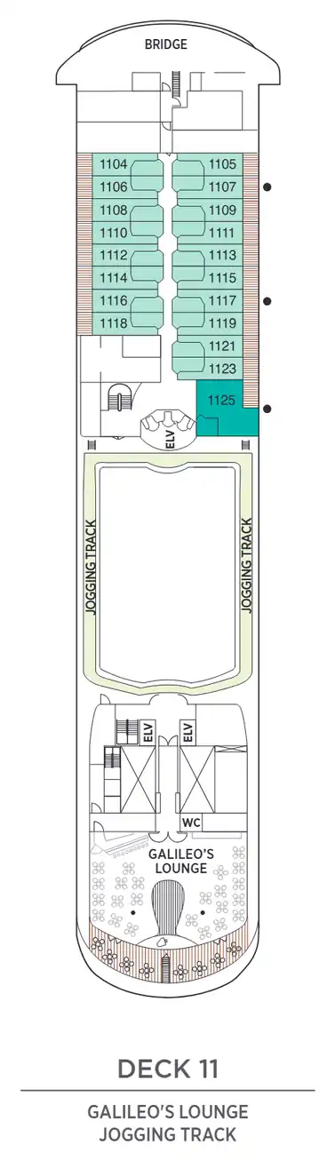 Deck 11 plan of Seven Seas Navigator, showing suites 1104 to 1125 (Navigator and Penthouse Suites) with Galileo's Lounge and the jogging track