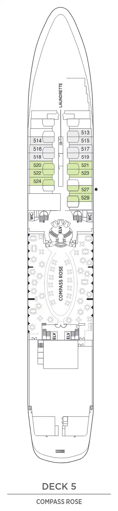 Deck 5 plan of Seven Seas Navigator, showing Deluxe Window Suites forward and Compass Rose aft