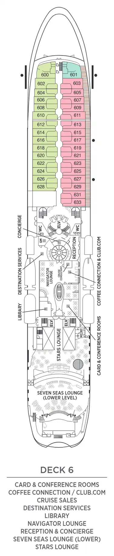 Deck 6 plan of Seven Seas Navigator, showing suites 600 to 633 (Penthouse, Deluxe Veranda and Deluxe Window Suites) with the Card & Conference Rooms, Coffee Connection and Club.com, Cruise Sales, Destination Services, Library, Navigator Lounge, Reception & Concierge, the lower Seven Seas Lounge and Stars Lounge