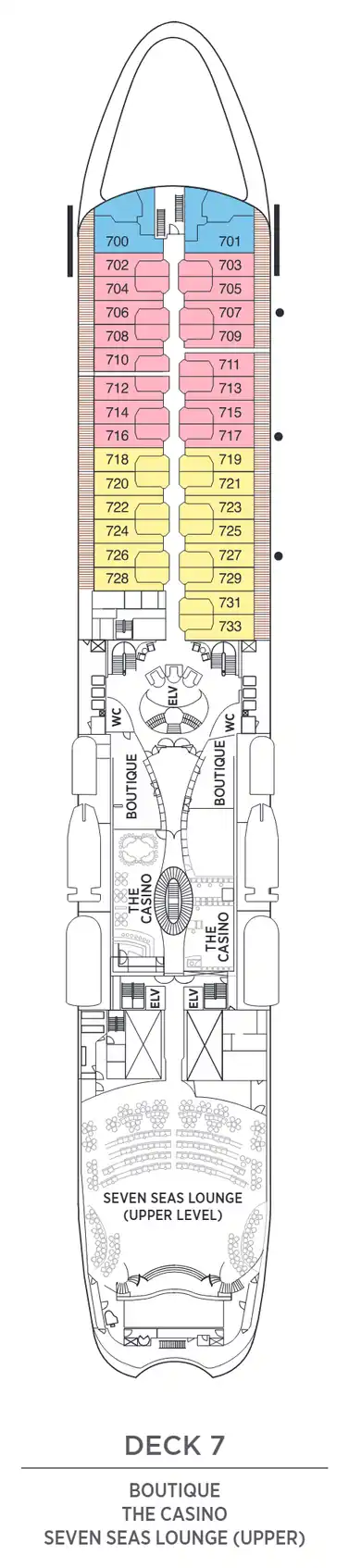 Deck 7 plan of Seven Seas Navigator, showing suites 700 to 733 (Grand, Concierge and Deluxe Veranda Suites) with the Boutique, The Casino and the upper Seven Seas Lounge