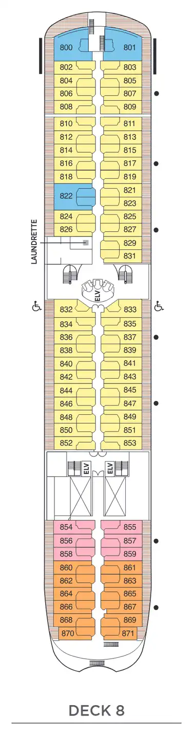 Deck 8 plan of Seven Seas Navigator, showing suites 800 to 871: Grand, Concierge and Deluxe Veranda Suites