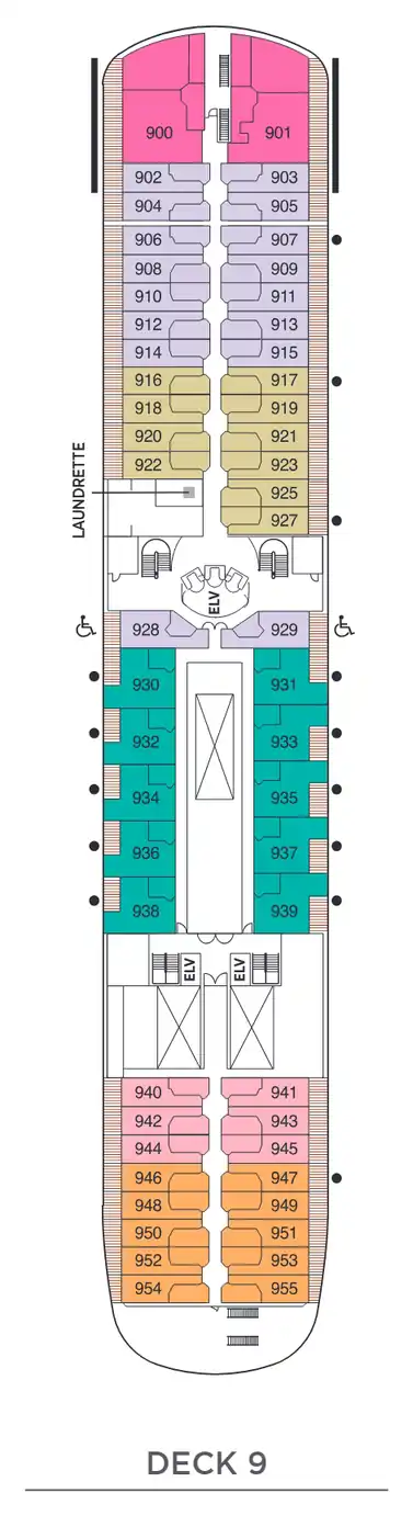 Deck 9 plan of Seven Seas Navigator, showing suites 900 to 955: Signature, Navigator, Penthouse and Deluxe Veranda Suites