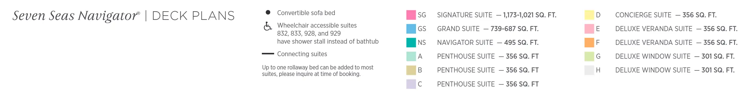 Regent's key to the Seven Seas Navigator deck plans: the suite categories by colour with their sizes in square feet, and the symbols for sofa beds, wheelchair-accessible suites and connecting suites