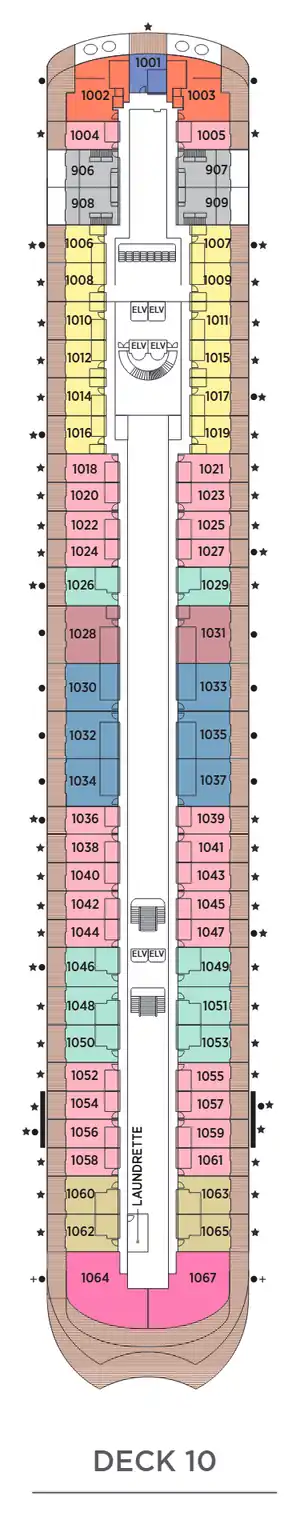 Deck 10 plan of Seven Seas Prestige, showing suites 1001 to 1067: Signature, Grand, Prestige, Seven Seas, Penthouse, Concierge and Horizon Penthouse Suites