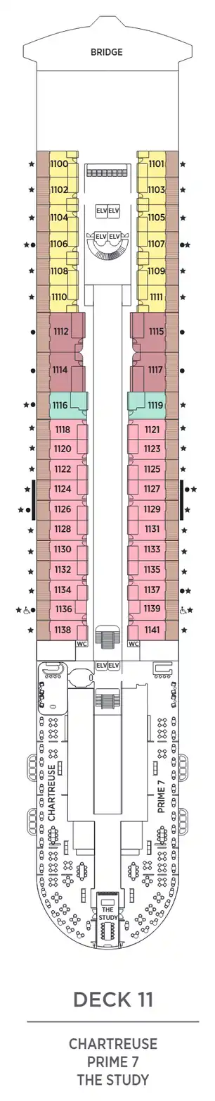 Deck 11 plan of Seven Seas Prestige, showing suites 1100 to 1141 (Prestige, Penthouse and Concierge Suites) with Chartreuse, Prime 7 and The Study