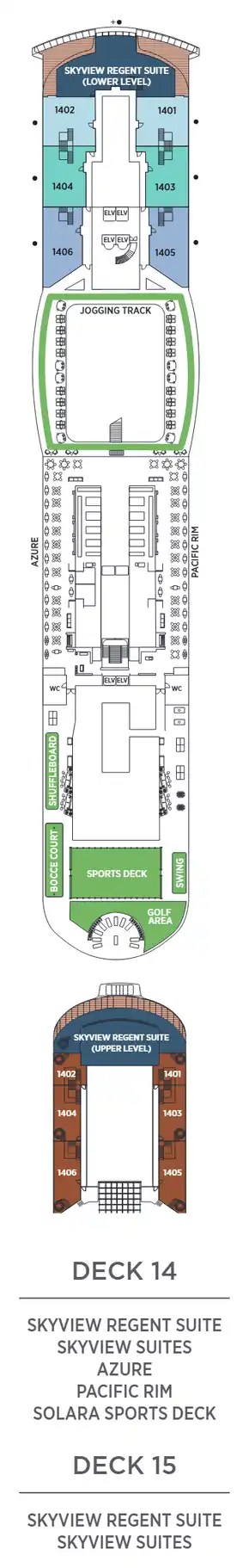 Decks 14 and 15 plan of Seven Seas Prestige, showing the Skyview Regent Suite and Skyview Suites 1401 to 1406 with Azure, Pacific Rim and the Solara Sports Deck on Deck 14, and the upper levels of the Skyview Regent Suite and Skyview Suites on Deck 15