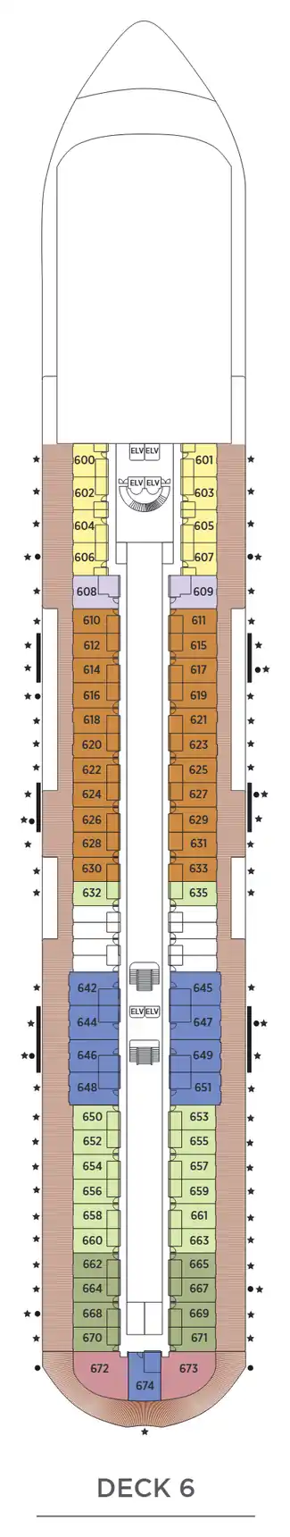 Deck 6 plan of Seven Seas Prestige, showing suites 600 to 674: Prestige, Penthouse, Concierge, Serenity, Deluxe Veranda and Horizon Penthouse Suites