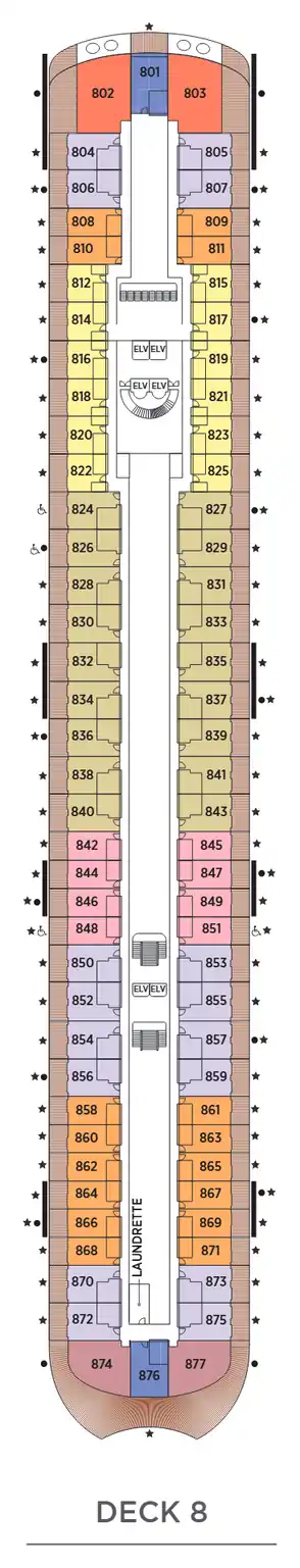 Deck 8 plan of Seven Seas Prestige, showing suites 801 to 877: Grand, Penthouse, Prestige, Concierge, Serenity and Horizon Penthouse Suites