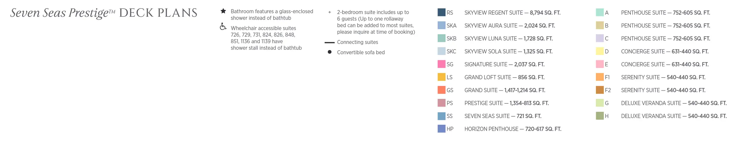 Regent's key to the Seven Seas Prestige deck plans: the suite categories by colour with their sizes in square feet, and the symbols for glass-enclosed showers, wheelchair-accessible suites, two-bedroom suites, connecting suites and sofa beds