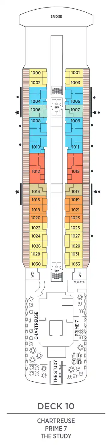 Deck 10 plan of Seven Seas Splendor, showing suites 1000 to 1033 (Serenity, Splendor, Grand, Penthouse and Concierge Suites) with Chartreuse, Prime 7 and The Study