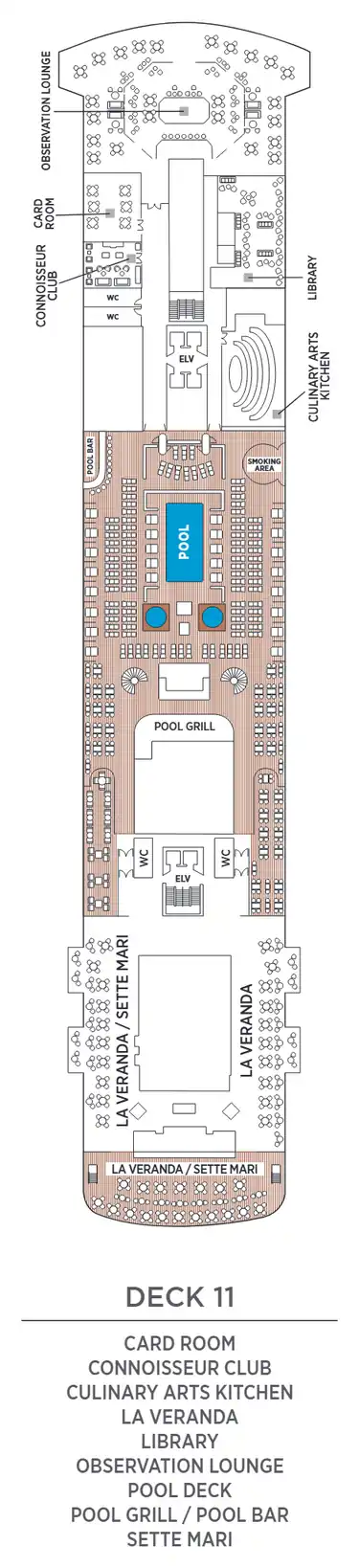 Deck 11 plan of Seven Seas Splendor, showing the Card Room, Connoisseur Club, Culinary Arts Kitchen, La Veranda, Library, Observation Lounge, Pool Deck, Pool Grill and Pool Bar and Sette Mari