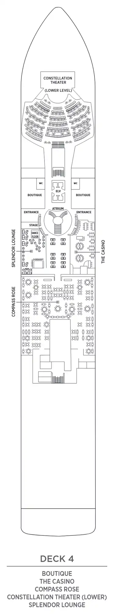 Deck 4 plan of Seven Seas Splendor, showing the Boutique, The Casino, Compass Rose, the lower Constellation Theater and the Splendor Lounge