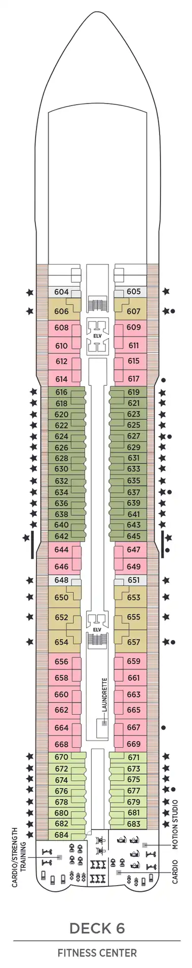Deck 6 plan of Seven Seas Splendor, showing suites 604 to 684 (Deluxe Veranda, Veranda, Penthouse and Concierge Suites) and the Fitness Center