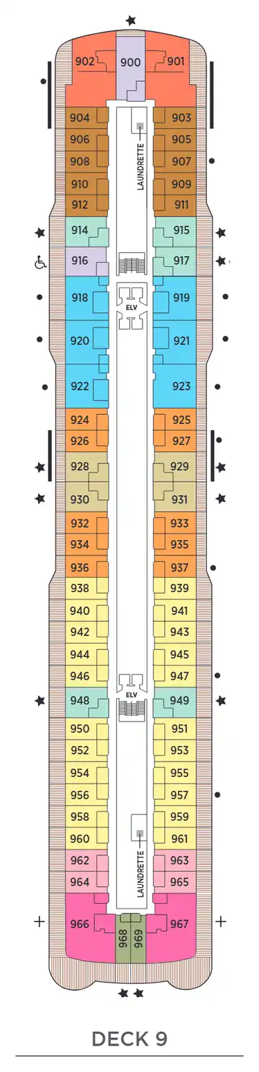Deck 9 plan of Seven Seas Splendor, showing suites 900 to 969: Serenity, Deluxe Veranda, Signature, Splendor, Grand, Penthouse and Concierge Suites