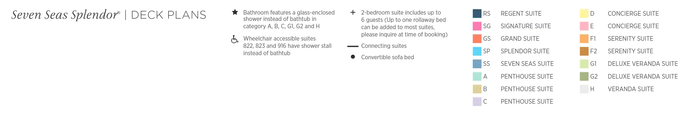 Regent's key to the Seven Seas Splendor deck plans: the suite categories by colour, and the symbols for glass-enclosed showers, wheelchair-accessible suites, two-bedroom suites, connecting suites and sofa beds