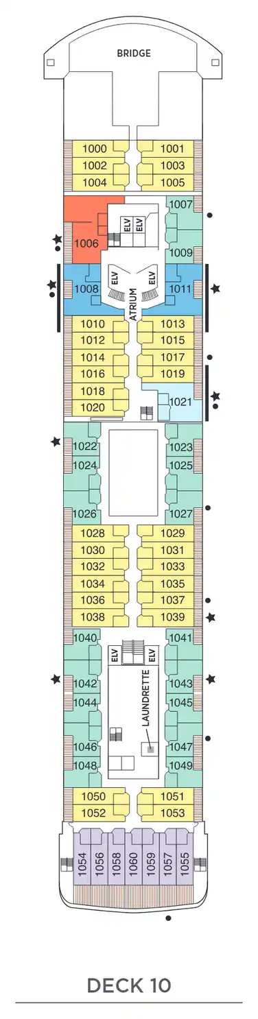 Deck 10 plan of Seven Seas Voyager, showing suites 1000 to 1060: Grand, Voyager, Seven Seas, Penthouse and Concierge Suites