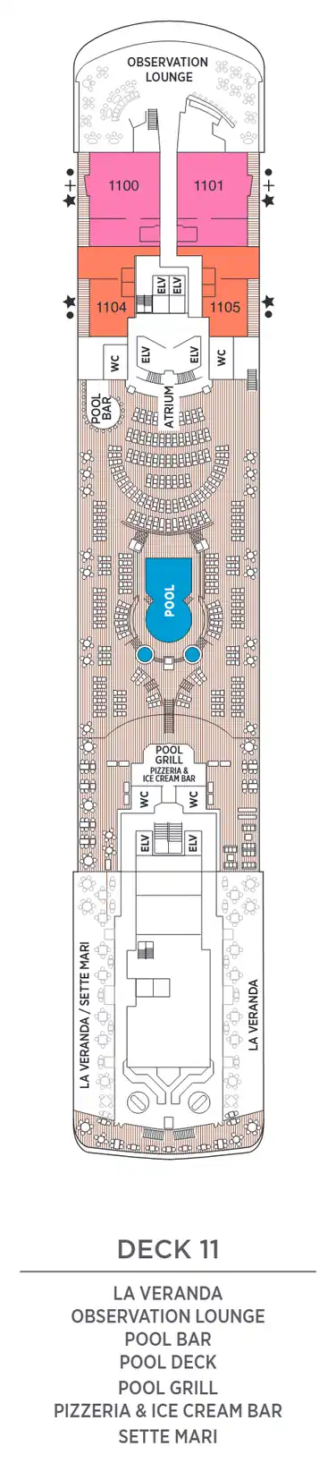 Deck 11 plan of Seven Seas Voyager, showing suites 1100 to 1105 (Signature and Grand Suites) with La Veranda, the Observation Lounge, Pool Bar, Pool Deck, Pool Grill, Pizzeria & Ice Cream Bar and Sette Mari