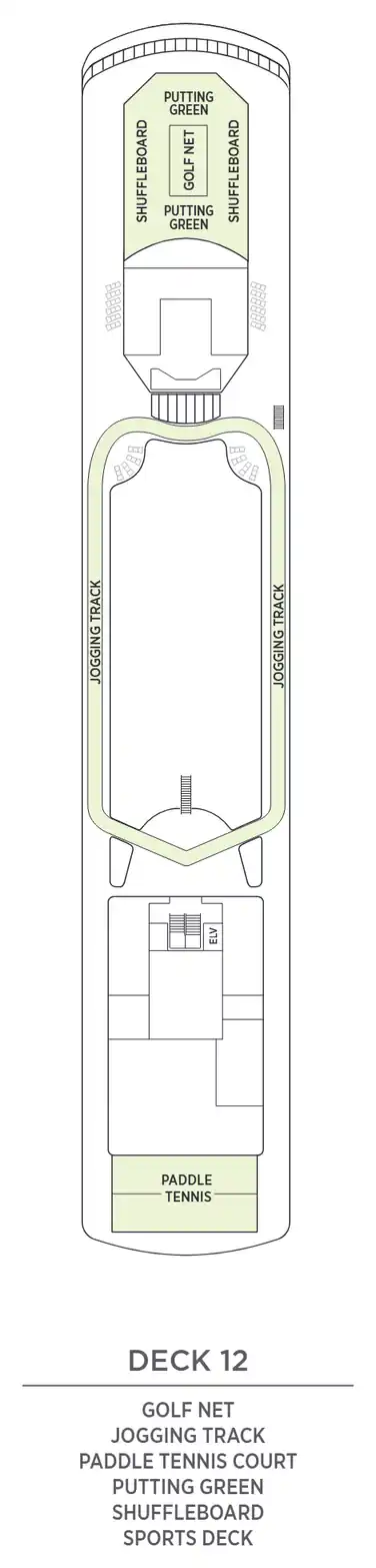 Deck 12 plan of Seven Seas Voyager, showing the golf net, jogging track, paddle tennis court, putting green, shuffleboard and Sports Deck