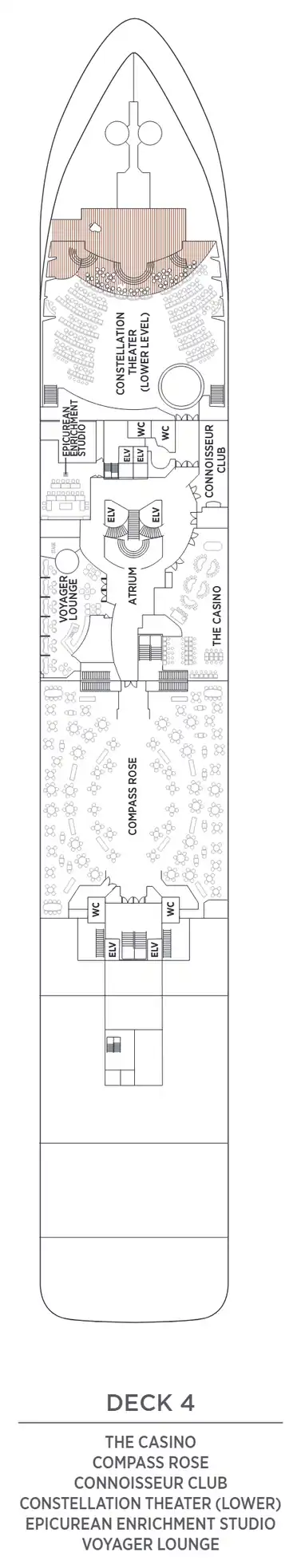 Deck 4 plan of Seven Seas Voyager, showing The Casino, Compass Rose, Connoisseur Club, the lower Constellation Theater, the Epicurean Enrichment Studio and the Voyager Lounge