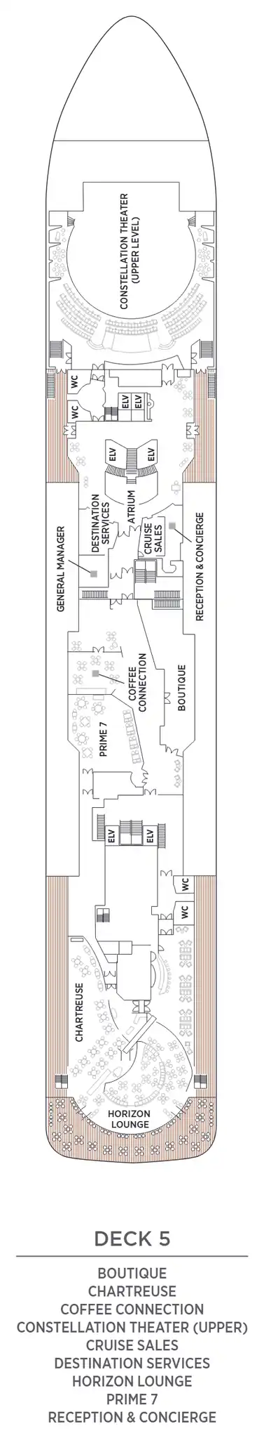 Deck 5 plan of Seven Seas Voyager, showing the Boutique, Chartreuse, Coffee Connection, the upper Constellation Theater, Cruise Sales, Destination Services, Horizon Lounge, Prime 7 and Reception & Concierge