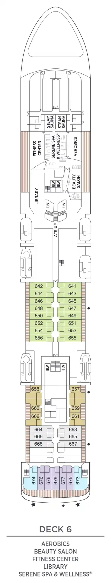 Deck 6 plan of Seven Seas Voyager, showing suites 641 to 679 (Seven Seas, Penthouse and Deluxe Veranda Suites) with the aerobics room, beauty salon, Fitness Center, Library and Serene Spa & Wellness