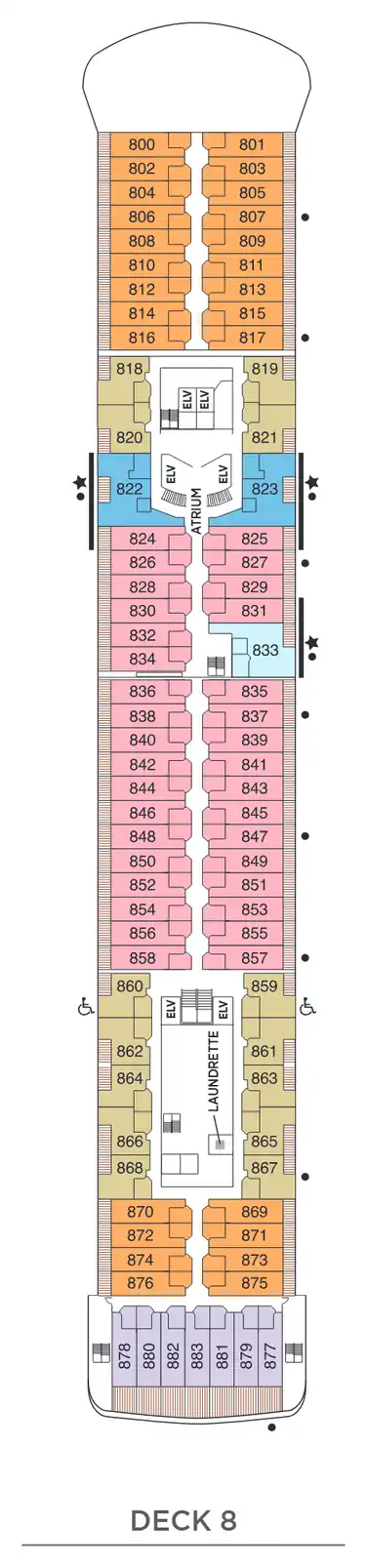 Deck 8 plan of Seven Seas Voyager, showing suites 800 to 883: Voyager, Seven Seas, Penthouse, Concierge and Deluxe Veranda Suites