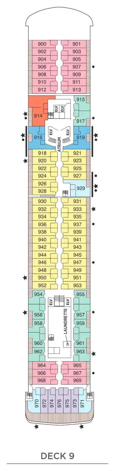 Deck 9 plan of Seven Seas Voyager, showing suites 900 to 976: Grand, Voyager, Seven Seas, Penthouse and Concierge Suites