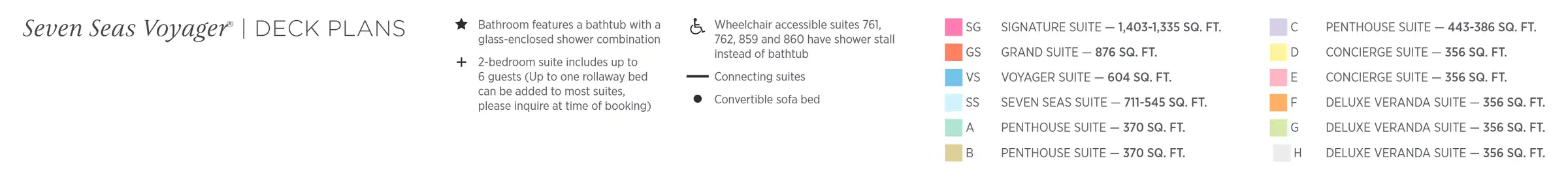Regent's key to the Seven Seas Voyager deck plans: the suite categories by colour with their sizes in square feet, and the symbols for bathtubs with glass-enclosed showers, two-bedroom suites, wheelchair-accessible suites, connecting suites and sofa beds