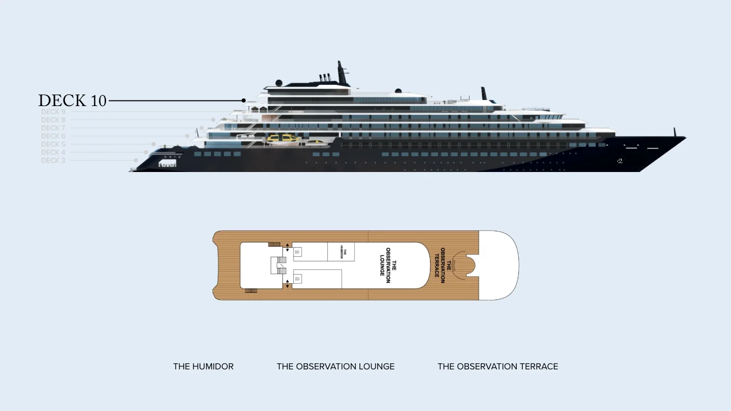 Deck 10 plan of Evrima, showing The Humidor, The Observation Lounge and The Observation Terrace