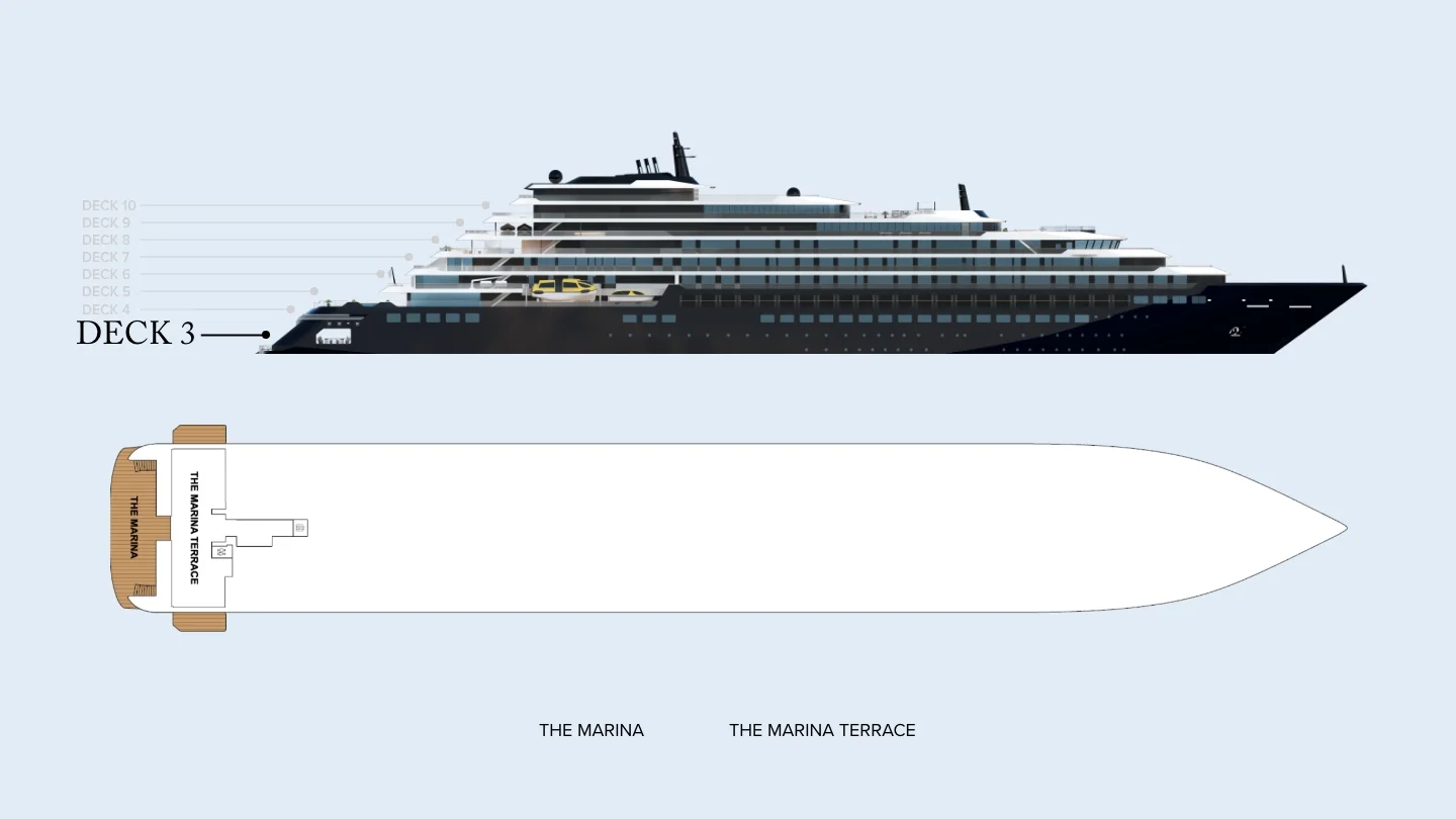 Deck 3 plan of Evrima, showing The Marina and The Marina Terrace at the stern
