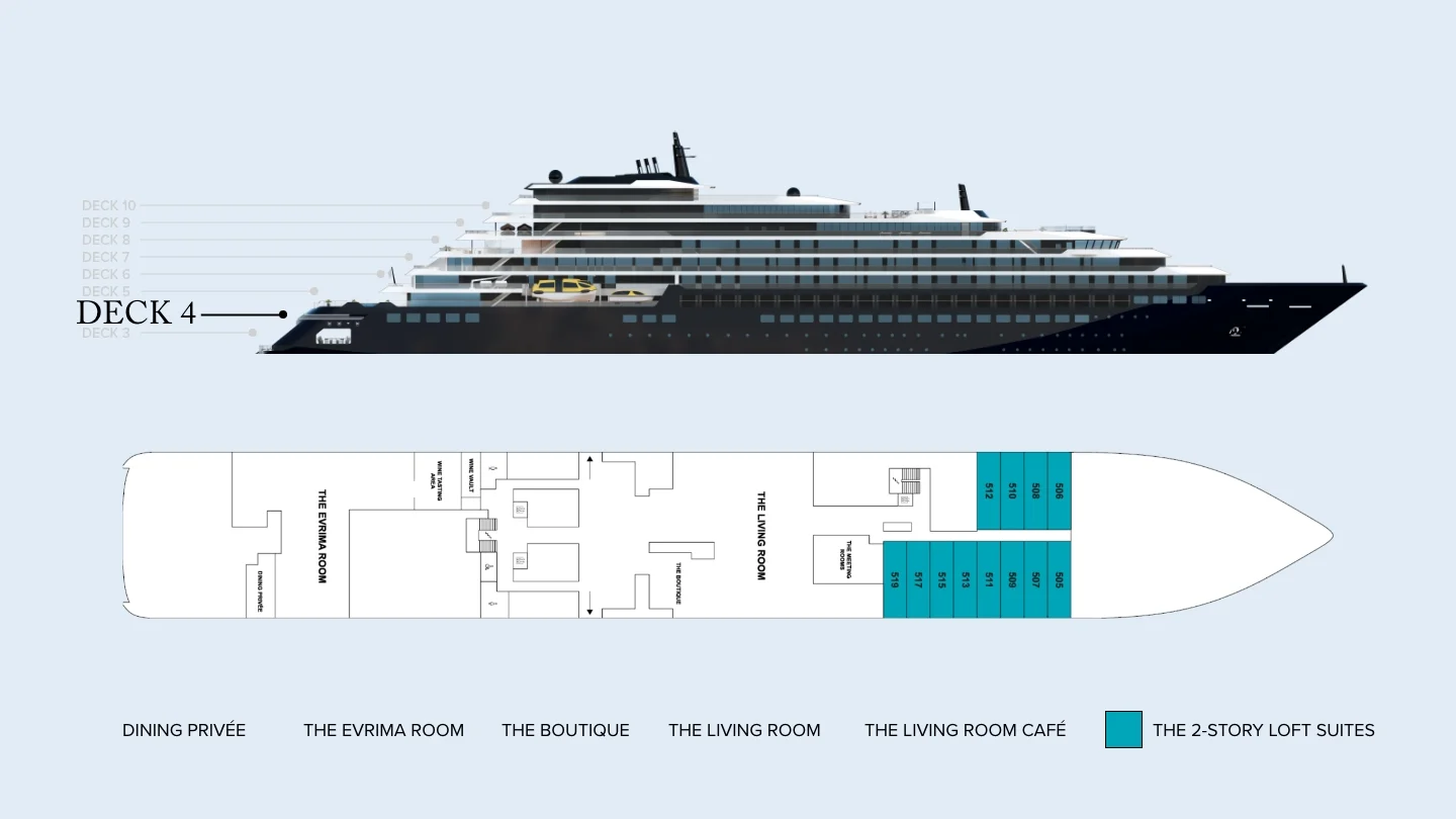 Deck 4 plan of Evrima, showing Dining Privée, The Evrima Room, The Boutique, The Living Room and The Living Room Café, with the lower levels of the two-storey Loft Suites forward
