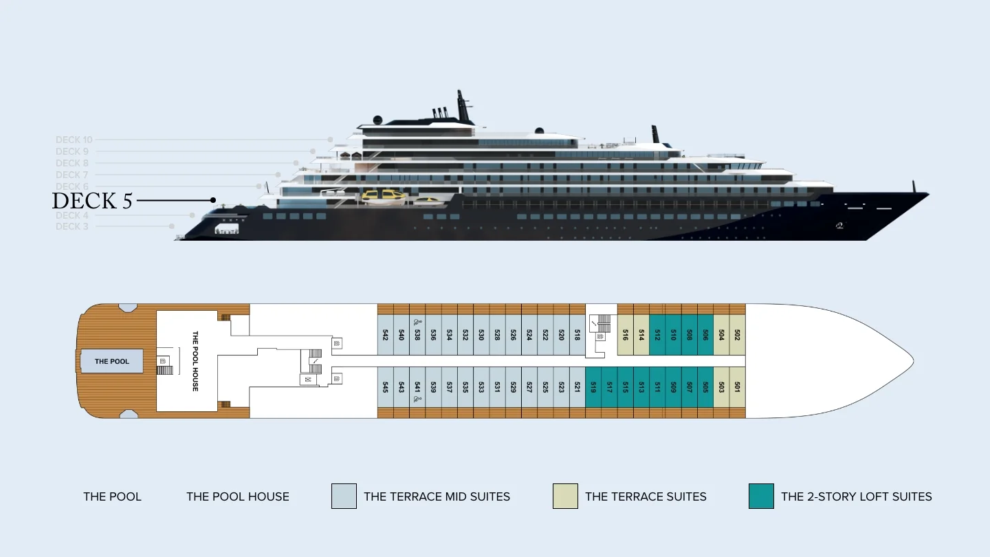 Deck 5 plan of Evrima, showing The Pool and The Pool House aft and suites 501 to 545 forward: Terrace Mid, Terrace and the upper levels of the Loft Suites