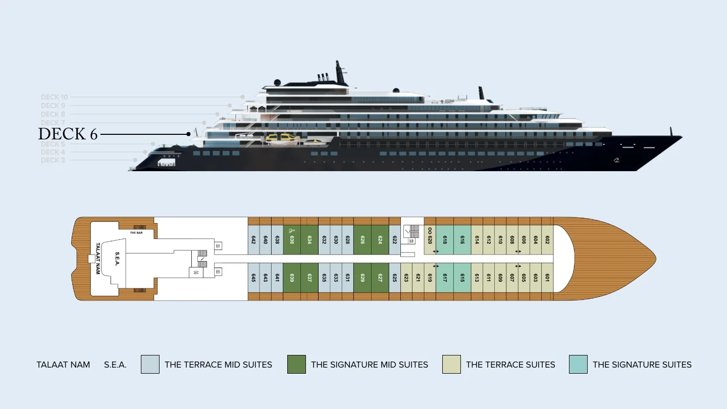 Deck 6 plan of Evrima, showing Talaat Nam, S.E.A. and The Bar aft and suites 601 to 645 forward: Terrace, Terrace Mid, Signature and Signature Mid