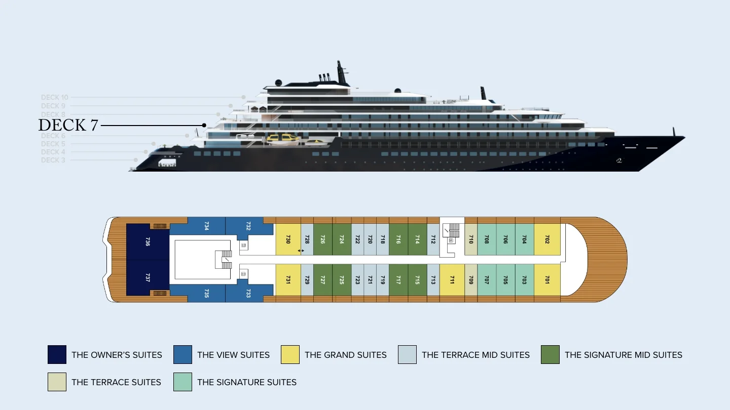 Deck 7 plan of Evrima, showing the two Owner's Suites and the View Suites aft and, forward of them, Grand, Signature, Signature Mid, Terrace Mid and Terrace Suites