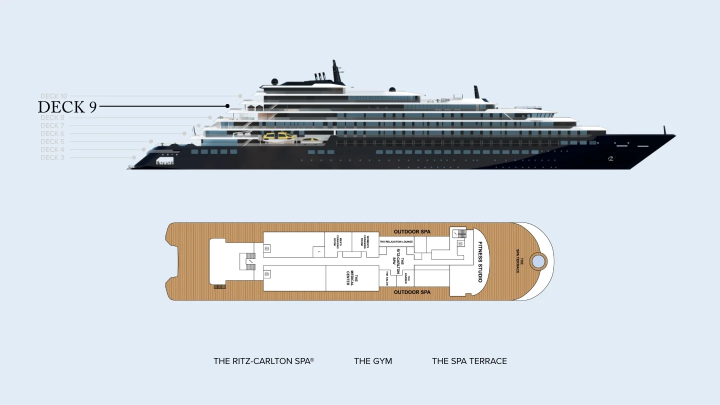 Deck 9 plan of Evrima, showing The Ritz-Carlton Spa with the outdoor spa areas, the gym, the fitness studio and The Spa Terrace