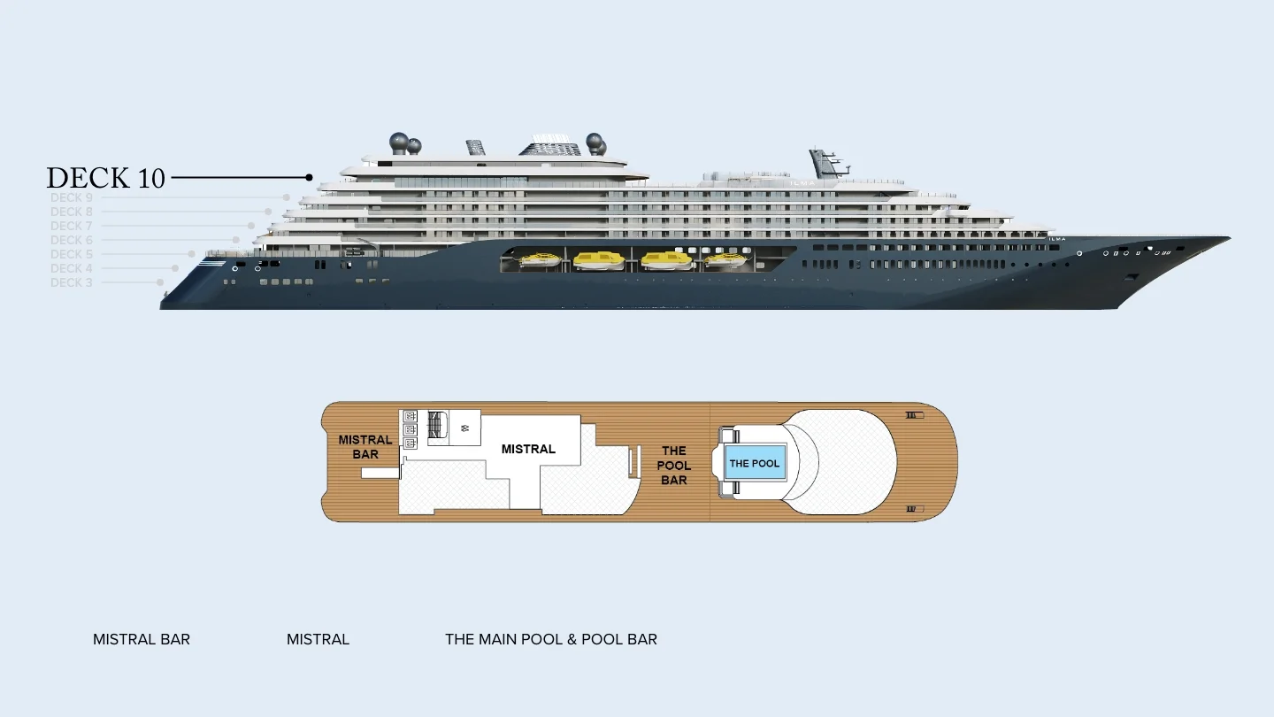 Deck 10 plan of Ilma, showing the Mistral Bar, Mistral, the main pool and the pool bar