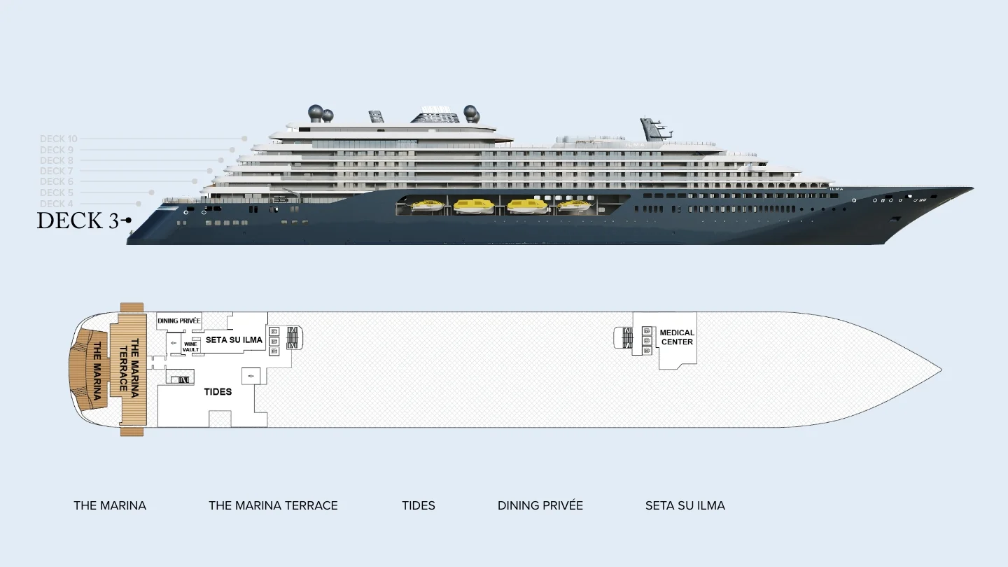 Deck 3 plan of Ilma, showing The Marina, The Marina Terrace, Tides, Dining Privée and Seta Su Ilma aft and the Medical Center forward