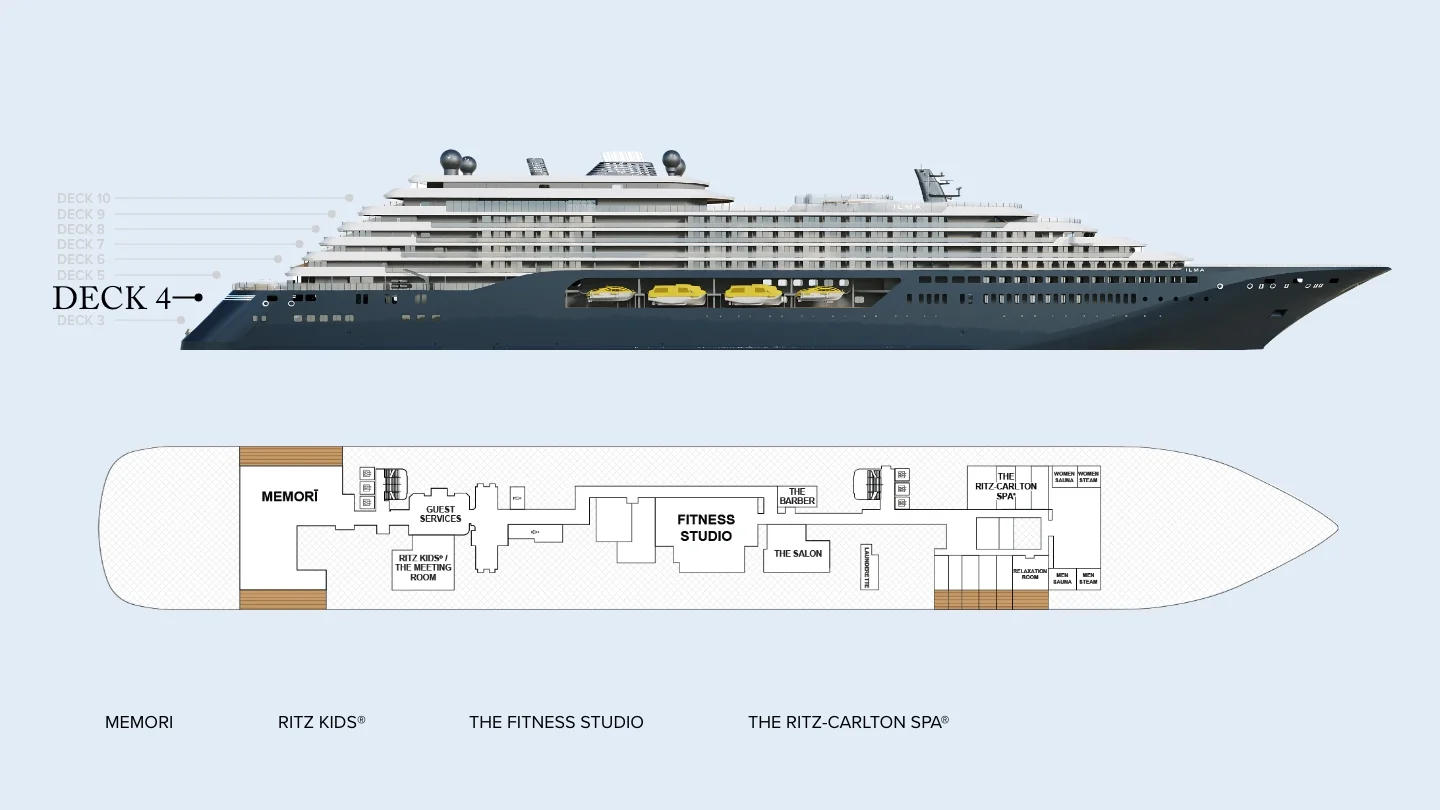 Deck 4 plan of Ilma, showing Memorī, Guest Services, Ritz Kids and the meeting room, the fitness studio, The Barber, The Salon and The Ritz-Carlton Spa