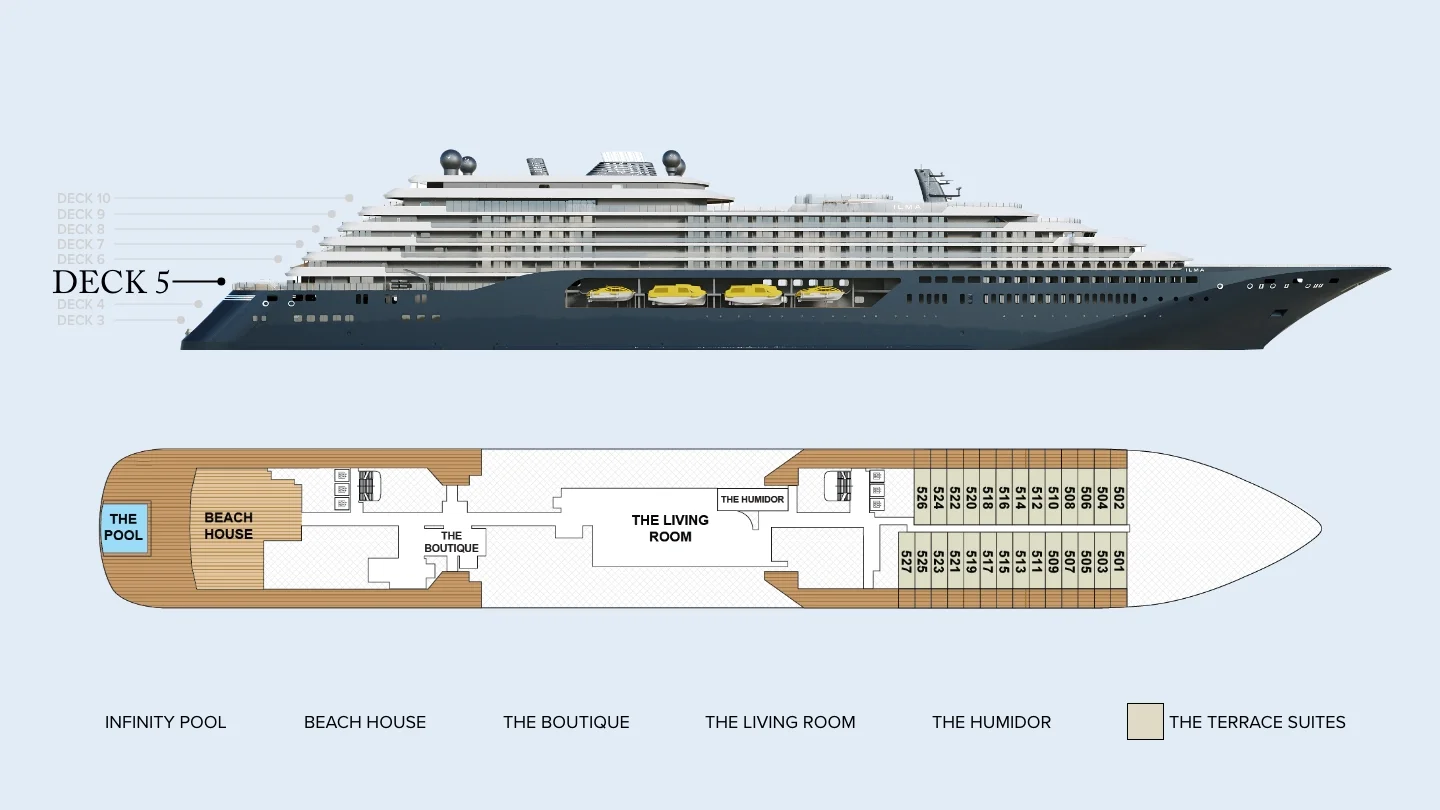 Deck 5 plan of Ilma, showing the infinity pool, Beach House, The Boutique, The Living Room and The Humidor, with Terrace Suites forward