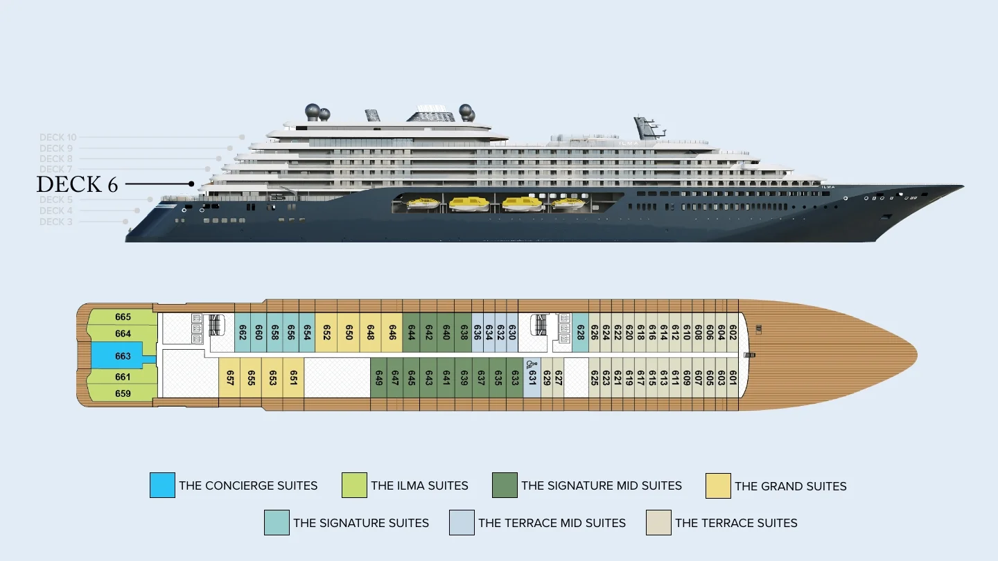 Deck 6 plan of Ilma, showing the Ilma Suites and a Concierge Suite at the stern and suites 601 to 665 forward: Grand, Signature, Signature Mid, Terrace Mid and Terrace