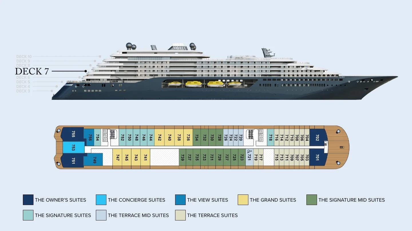 Deck 7 plan of Ilma, showing Owner's Suites at the stern and the bow, Concierge and View Suites, and suites 701 to 756
