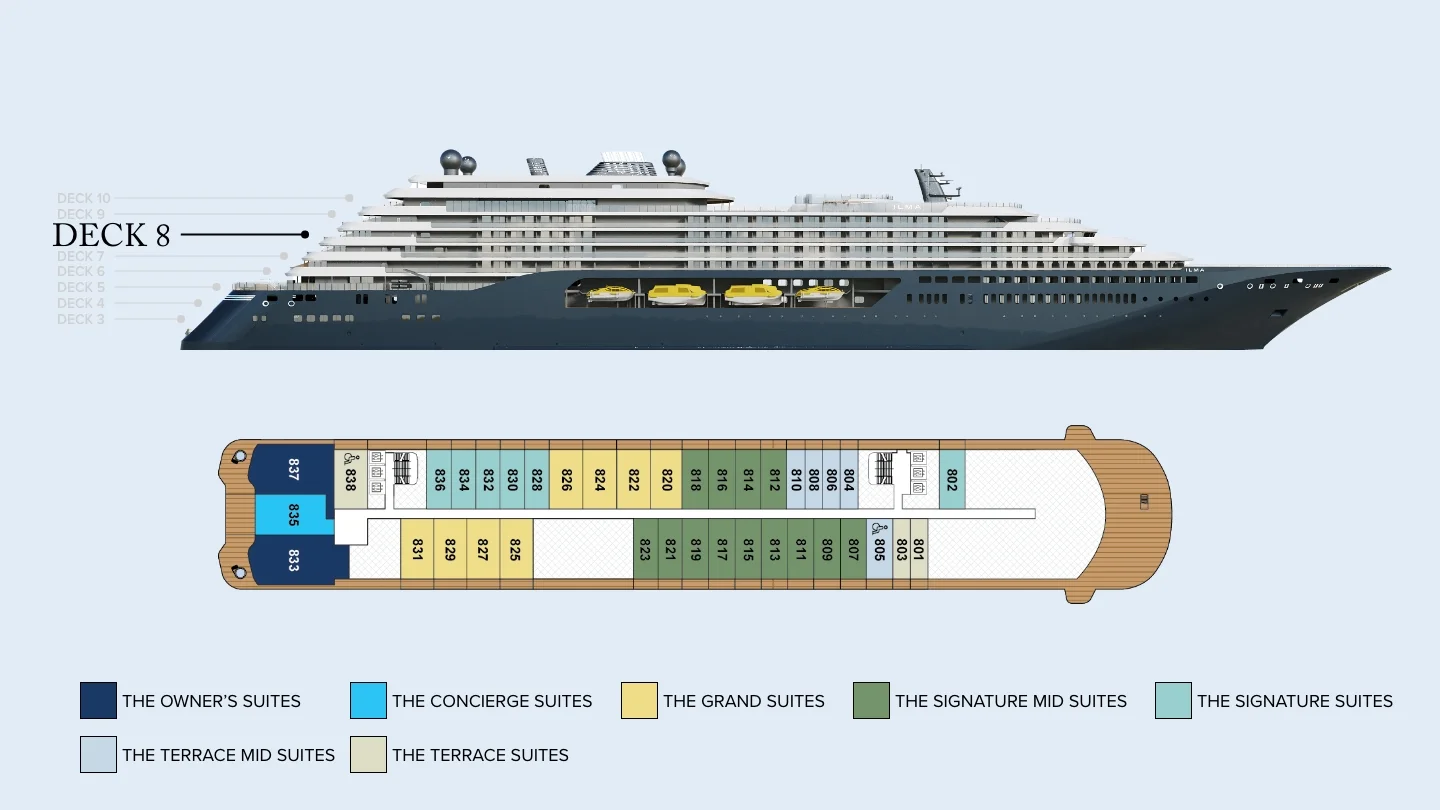 Deck 8 plan of Ilma, showing Owner's and Concierge Suites at the stern and suites 801 to 838