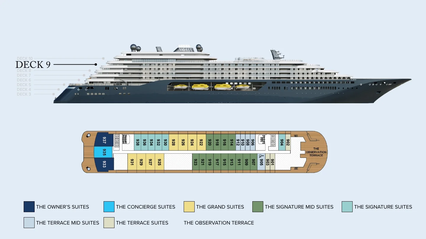 Deck 9 plan of Ilma, showing Owner's and Concierge Suites at the stern, suites 901 to 938 and The Observation Terrace forward