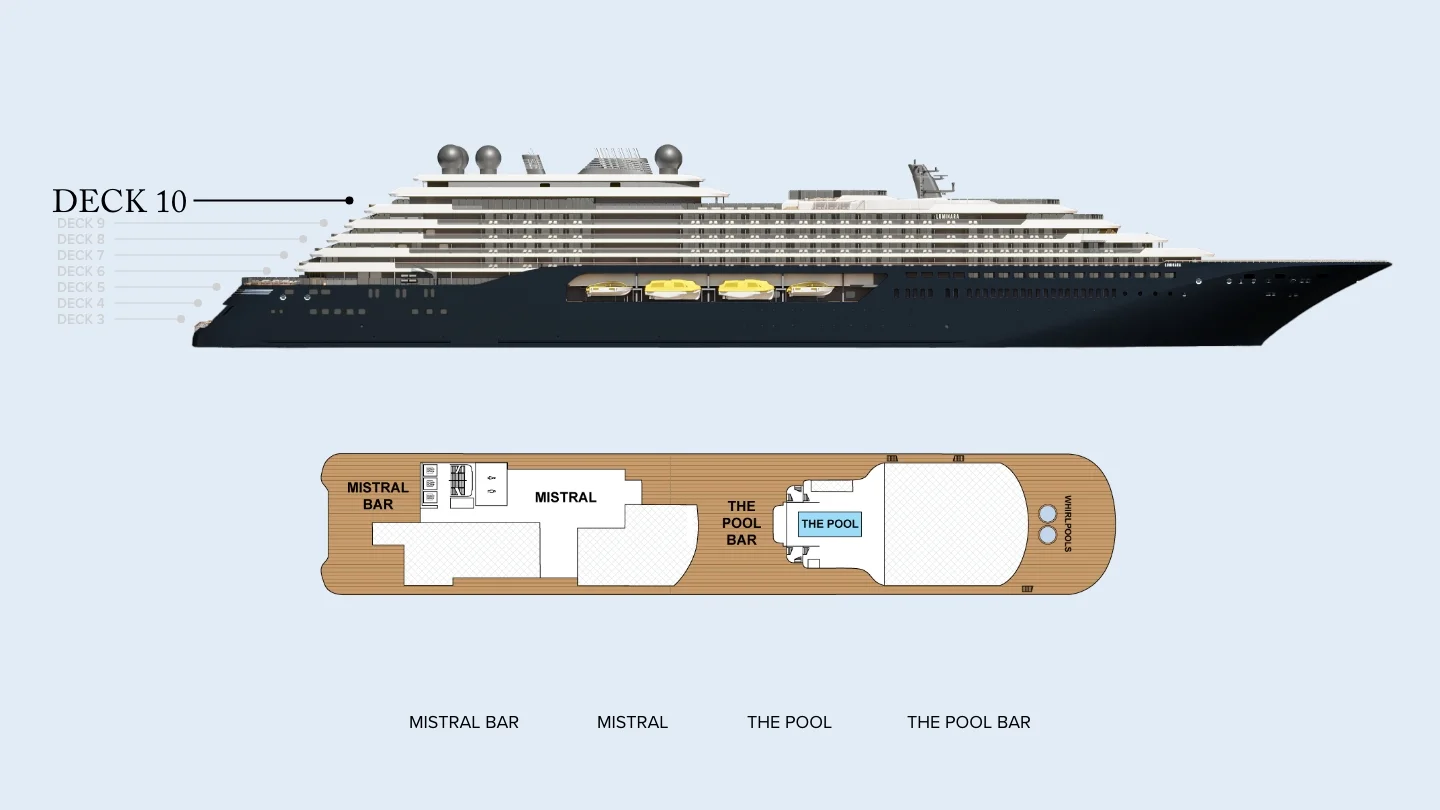 Deck 10 plan of Luminara, showing the Mistral Bar, Mistral, the pool, the pool bar and the whirlpools forward