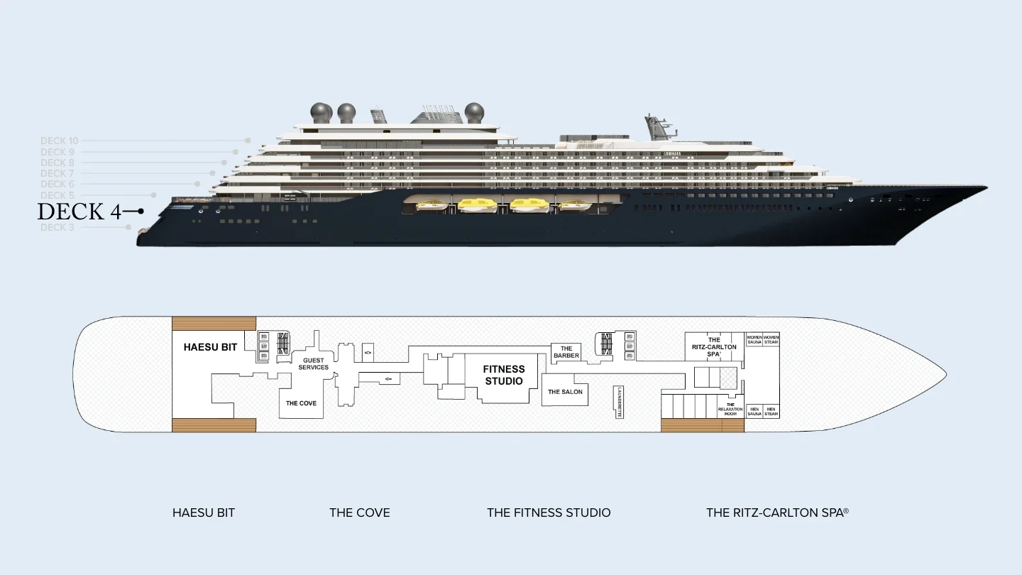 Deck 4 plan of Luminara, showing Haesu Bit, Guest Services, The Cove, the fitness studio, The Barber, The Salon and The Ritz-Carlton Spa