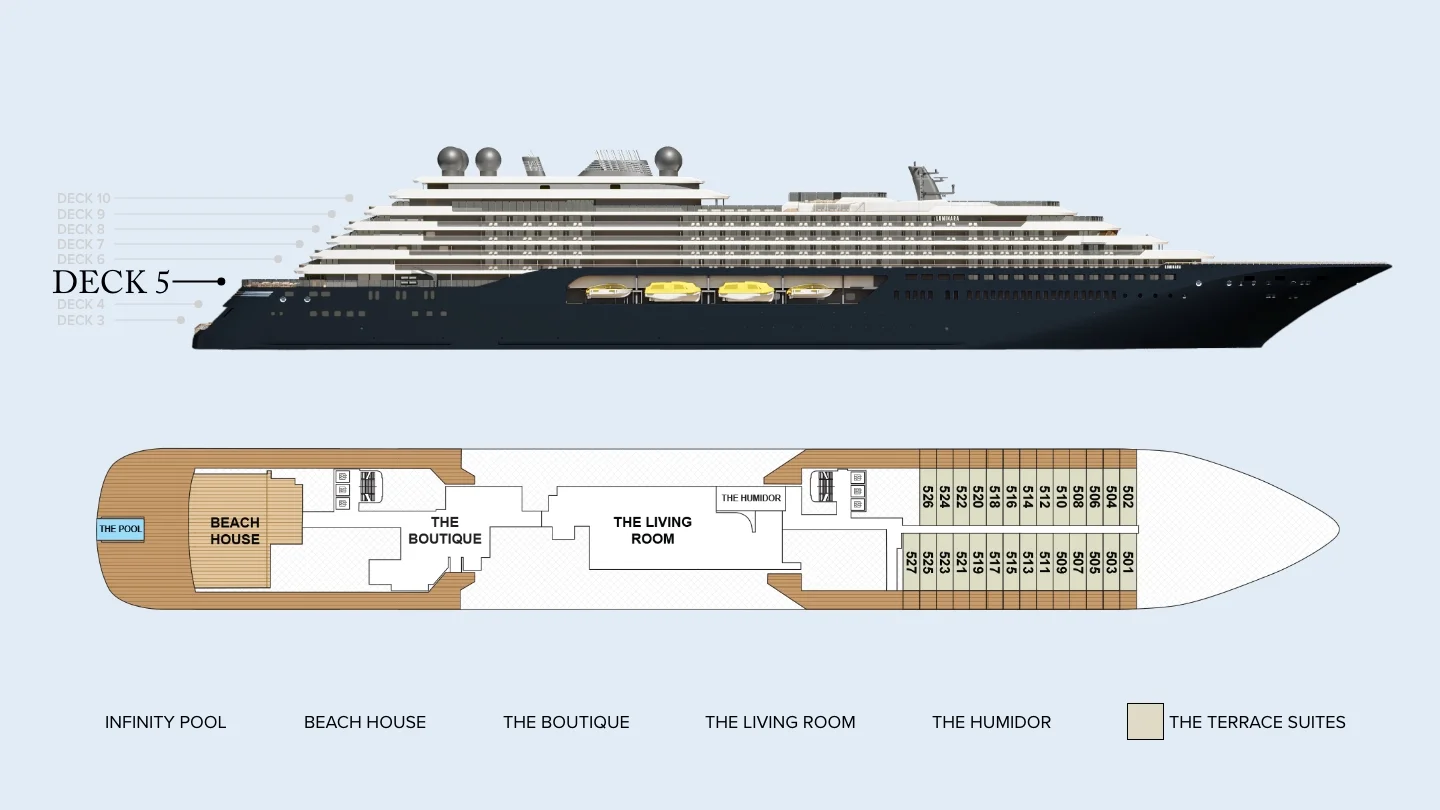 Deck 5 plan of Luminara, showing the infinity pool, Beach House, The Boutique, The Living Room and The Humidor, with Terrace Suites forward