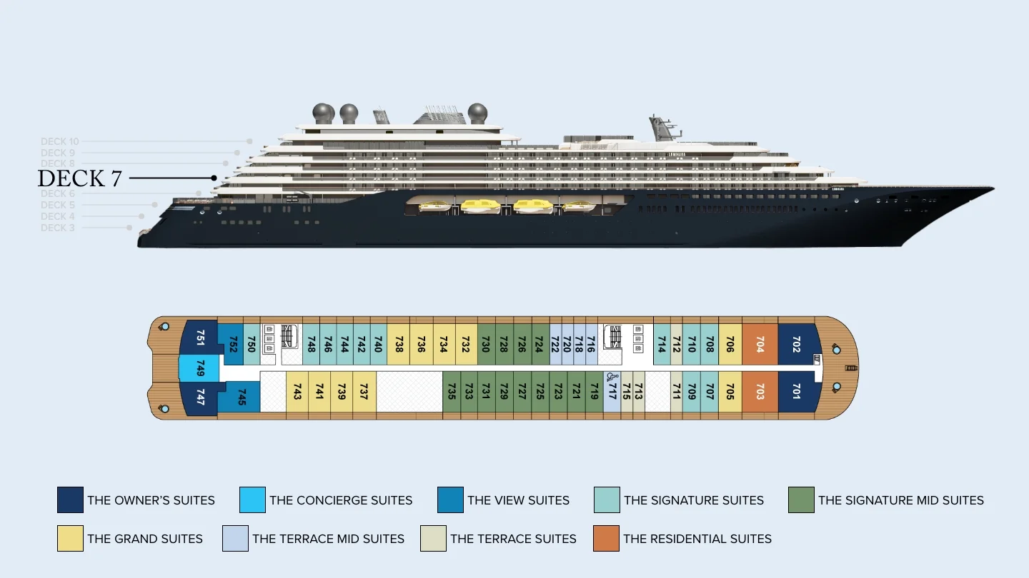 Deck 7 plan of Luminara, showing Owner's Suites at the stern and the bow, the two Residential Suites forward, Concierge and View Suites, and the Grand, Signature and Terrace categories between