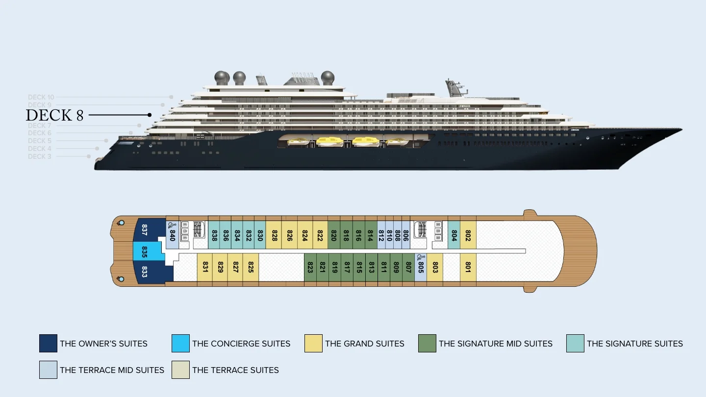 Deck 8 plan of Luminara, showing Owner's and Concierge Suites at the stern and the Grand, Signature and Terrace categories forward