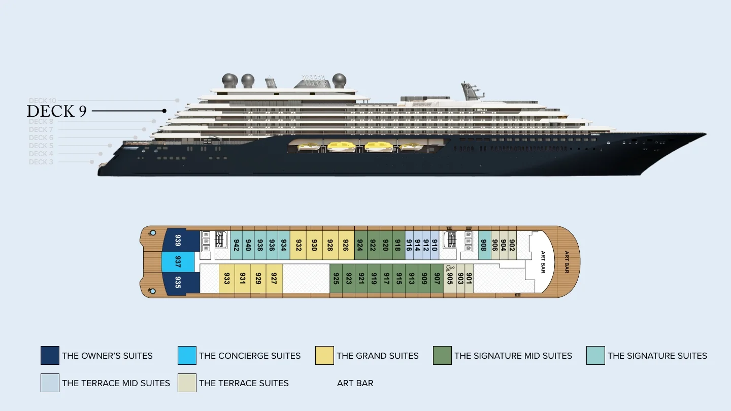 Deck 9 plan of Luminara, showing Owner's and Concierge Suites at the stern, the Grand, Signature and Terrace categories, and the Art Bar forward